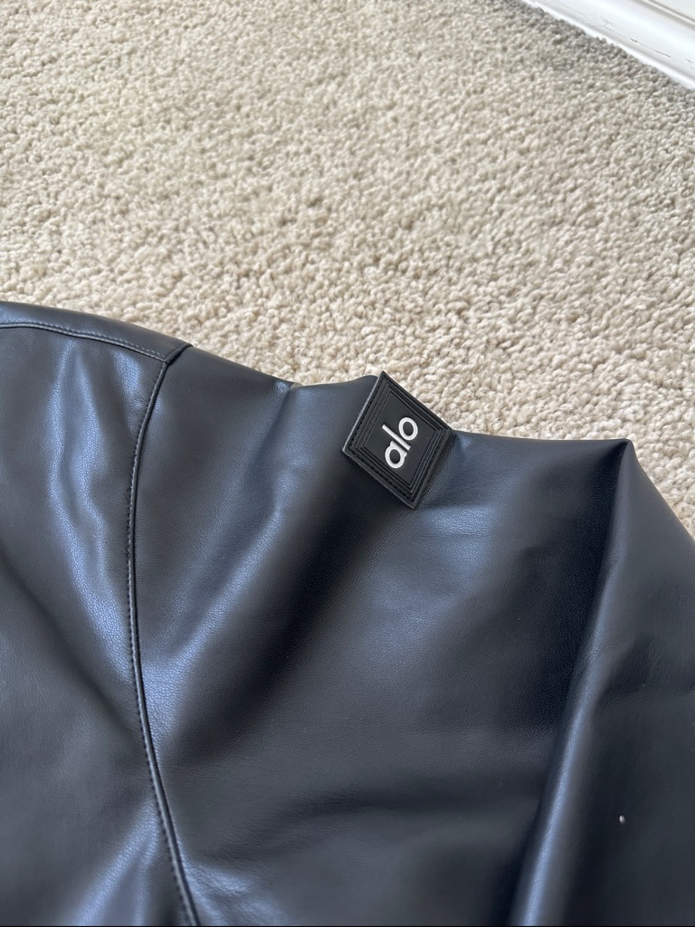 ALO Yoga Black Cropped Faux Leather Hooded Bomber Jacket - Picture 3 of 5